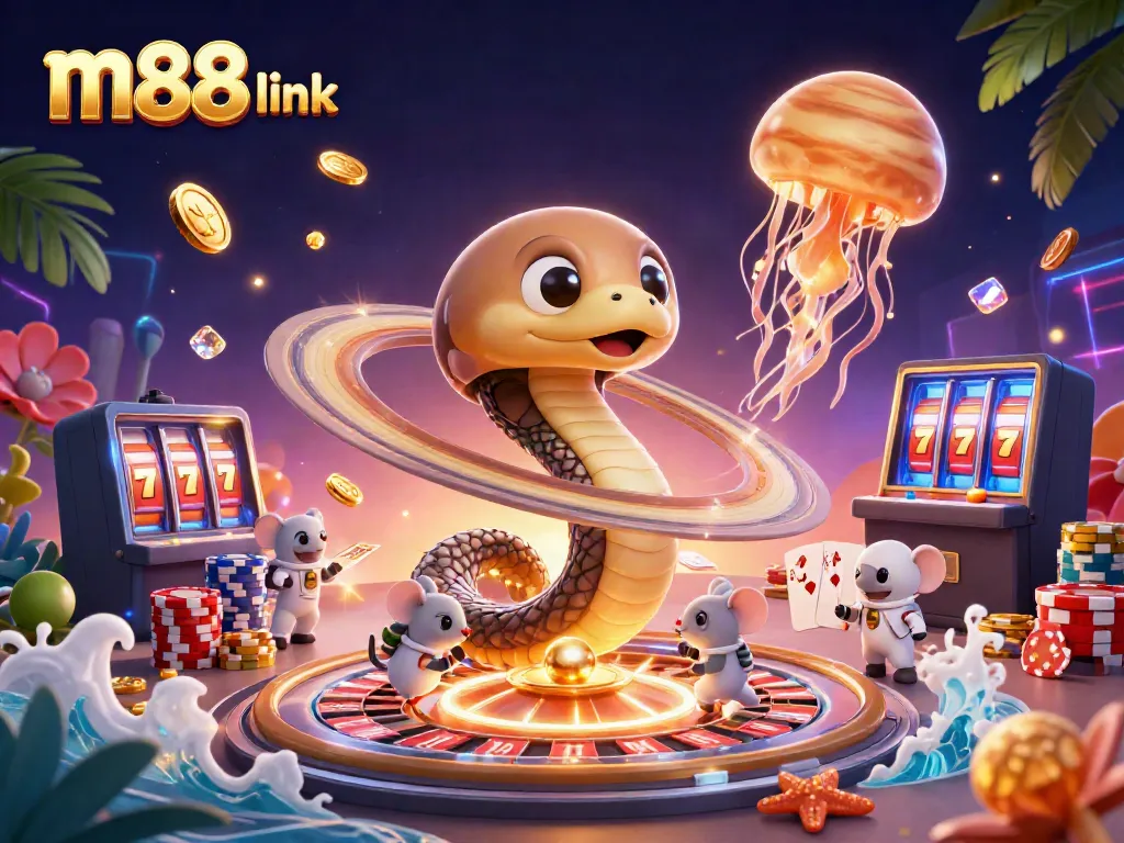 Play thrilling games with m88 link at a vibrant cosmic casino scene full of excitement and treasure.