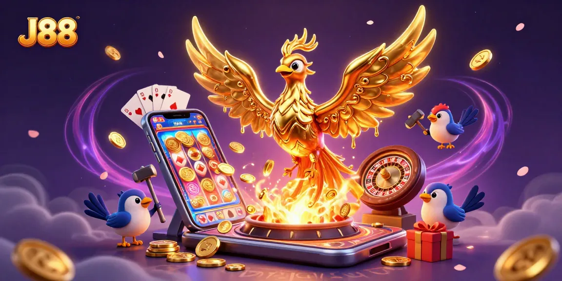 Experience thrilling wins with J88's dynamic gaming illustration featuring captivating characters and casino elements.