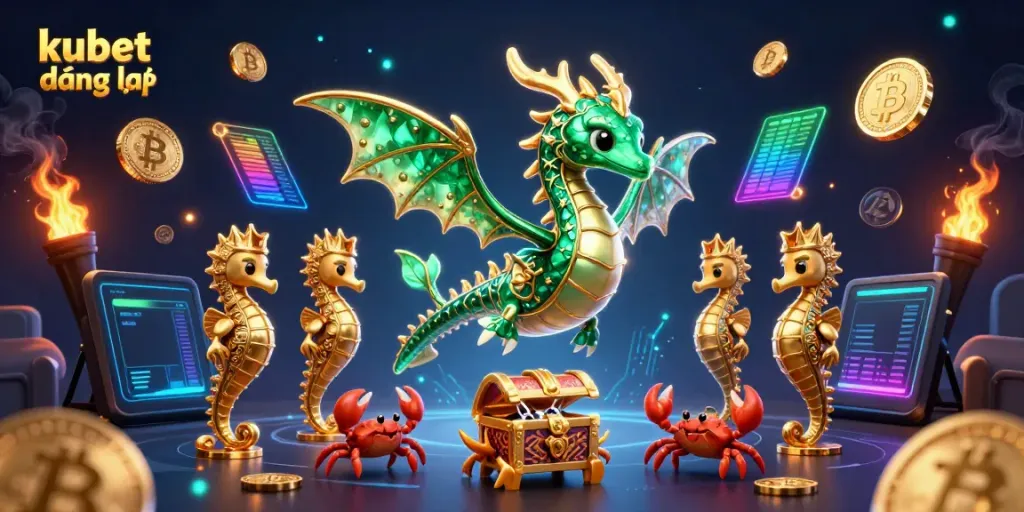 Kubet đăng nhập scene with a majestic 3D sea dragon and treasure chest representing the excitement of online gambling