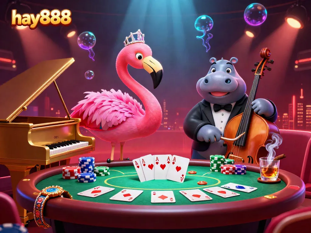 Experience the vibrant energy of hay888 casino with a lively flamingo singer at a glamorous piano.