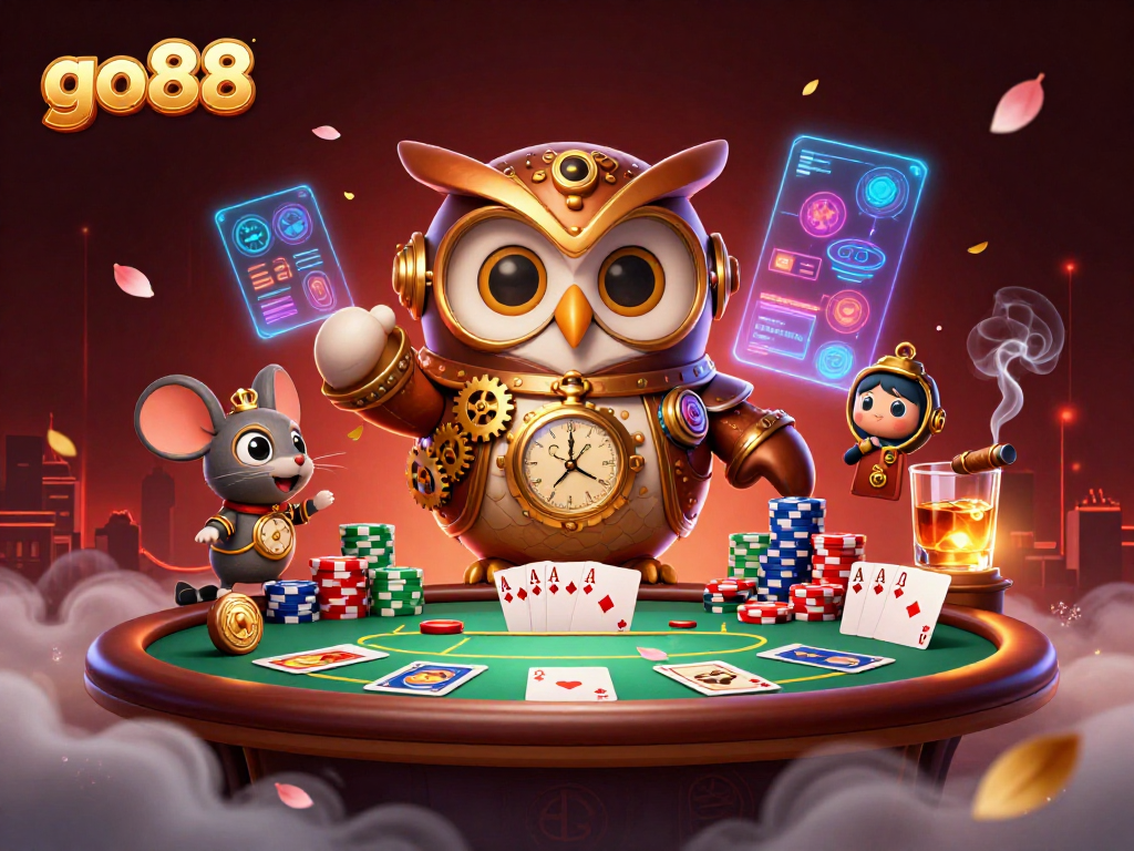 Experience go88's thrilling gaming scene with an owl in steampunk gear and rich poker elements.