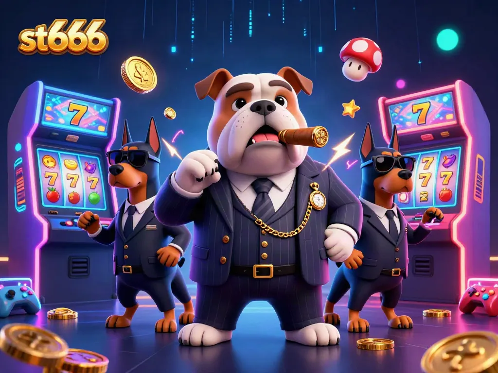 Immerse in action with st666, featuring a mafia bulldog and Doberman bodyguards in a vibrant casino scene.