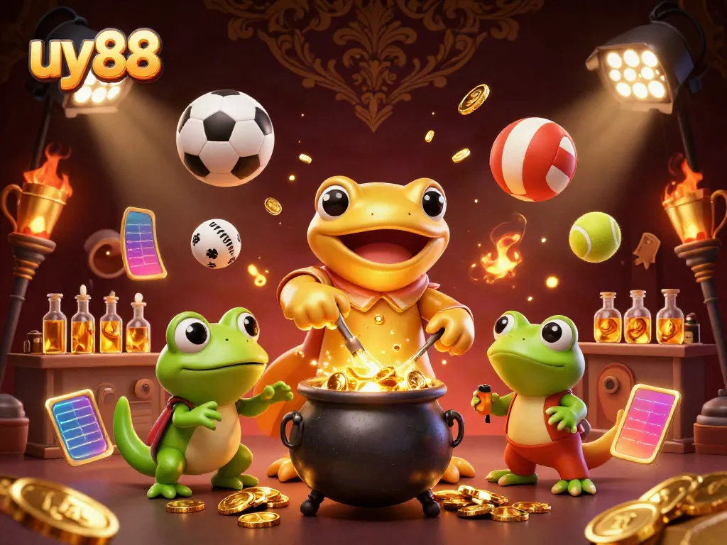 Watch the magical uy88 alchemist transform metals into gold coins while sports elements fly dynamically around.