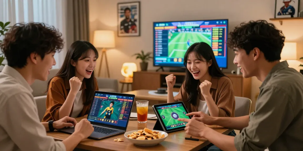 Friends enjoying an online betting game on the LUCK8 platform in a cozy lounge.