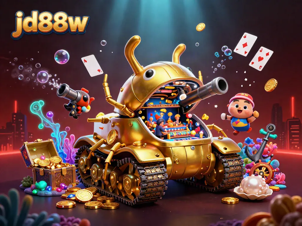 Engaging scene with jd88w casino-themed 3D illustration showcasing a vibrant beetle tank and exciting gambling elements.