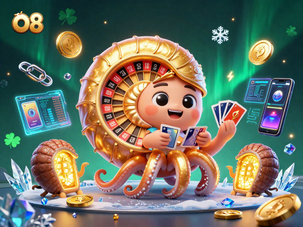 Engage with O8 through dynamic gameplay in a vibrant 3D casino scene featuring interactive crypto elements.