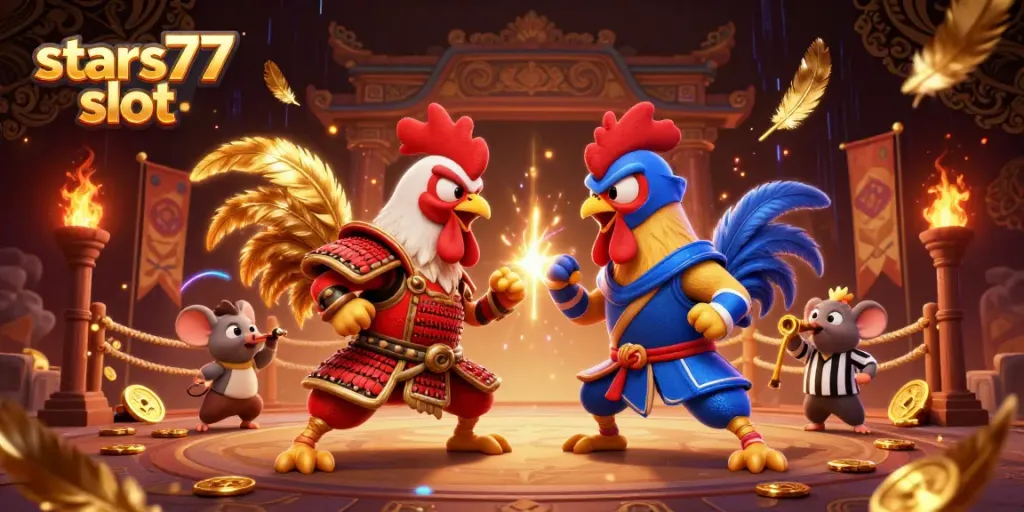 Ayam jantan berhadapan dalam pertempuran tema stars77 slot dengan efek dramatis dan simbol keberuntungan.