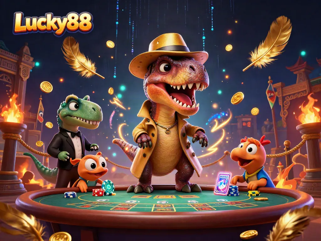 Vibrant depiction of Lucky88 with cartoon dinosaurs at a blackjack table, enhancing online casino experience.
