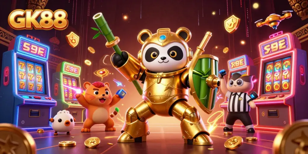 Engage in thrilling GK88 slots with vibrant 3D characters and casino elements in an exciting arena.