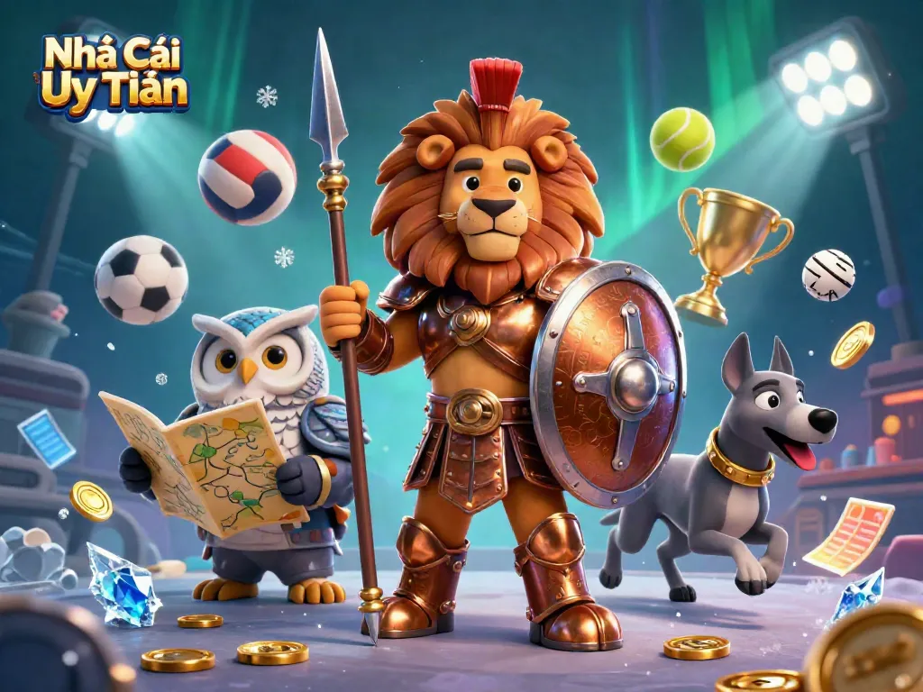 Experience the thrill of sports betting with Nhà Cái Uy Tín featuring a heroic lion, wise owl, and swift greyhound.
