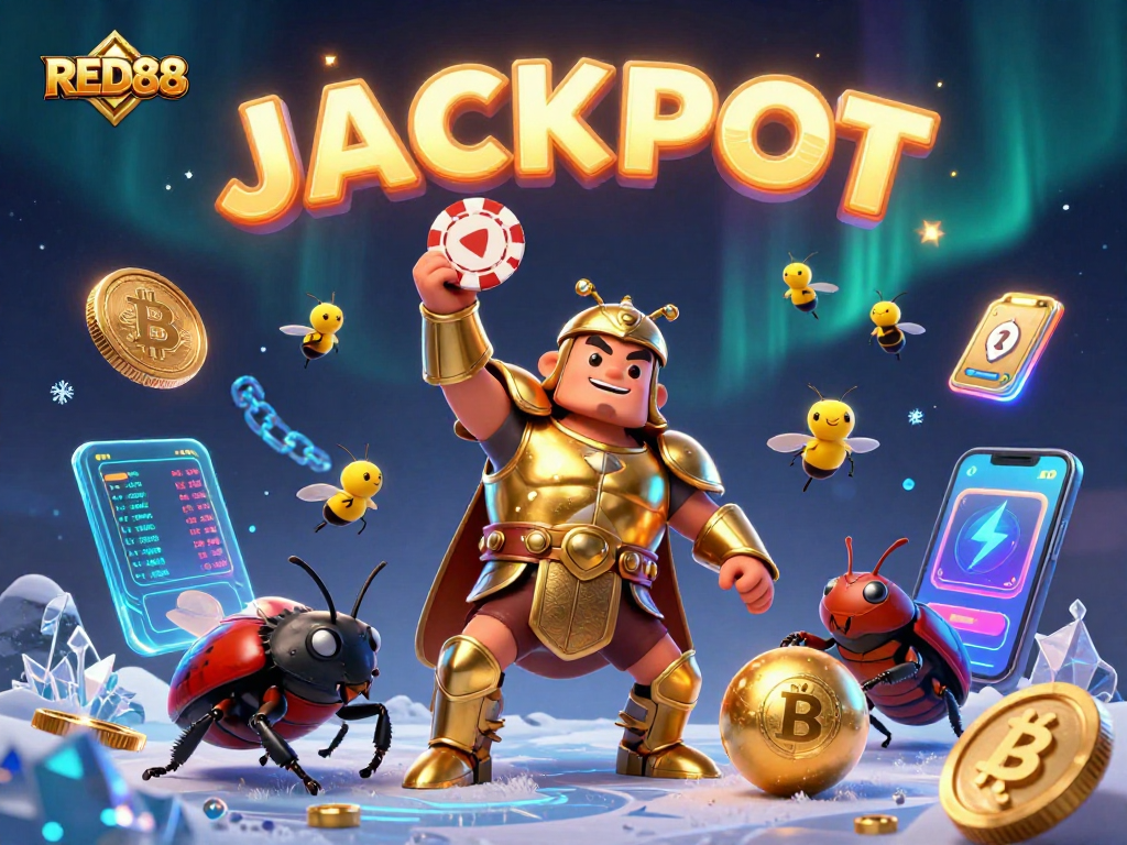 Experience winning thrills at RED88 with a victorious beetle lifting a poker chip in a vibrant gaming scene.