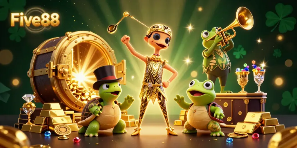 Engage with Five88 in an animated casino atmosphere featuring vibrant characters and dynamic treasures.