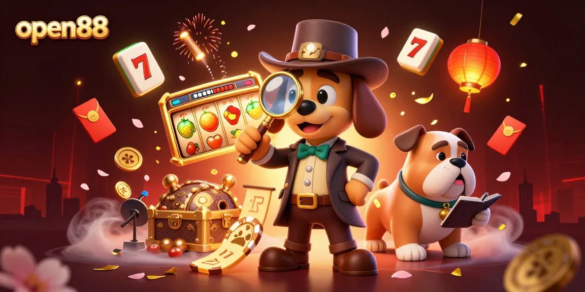 Join the adventure at open88 with detectives uncovering treasures in a vibrant casino scene.