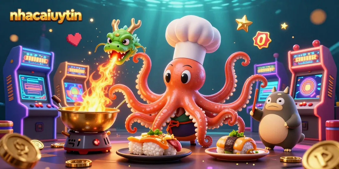 Engage with nhacaiuytin's vibrant casino scene featuring an octopus chef and dragon, vibrant gaming elements.