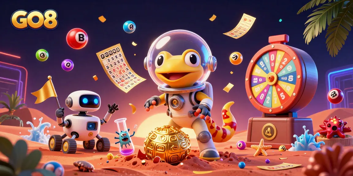 Play engaging games at GO8, where a Martian gecko and robot discover a golden casino amongst vibrant elements.