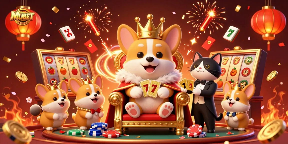 MUBET offers an exciting casino environment with a royal corgi surrounded by vibrant gaming elements and decorations.