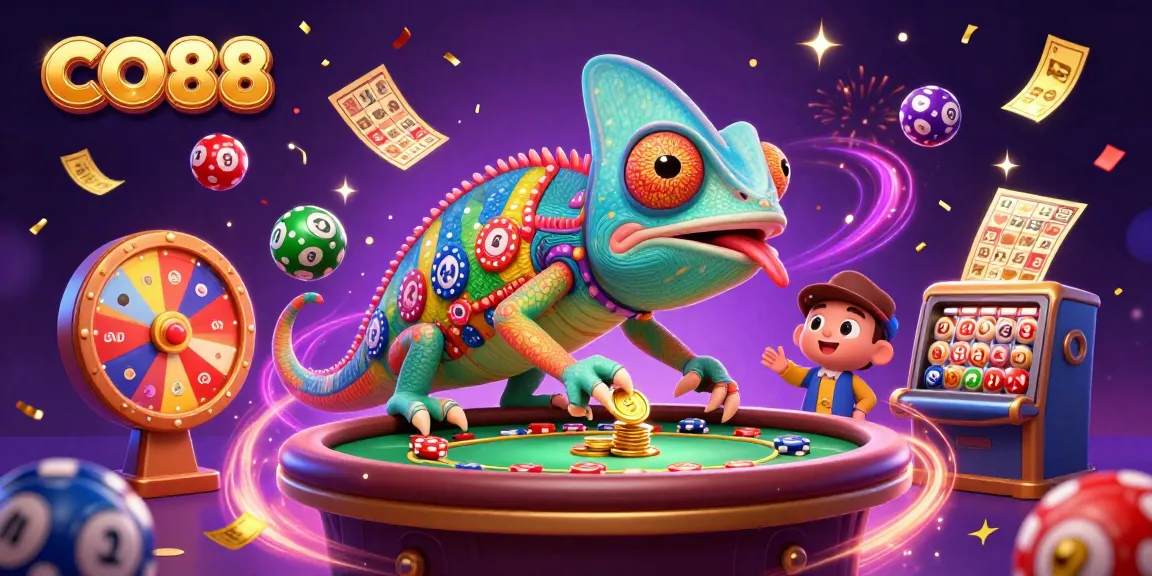 Experience the vibrant casino world with CO88, a lively chameleon owner amidst colorful lottery elements.
