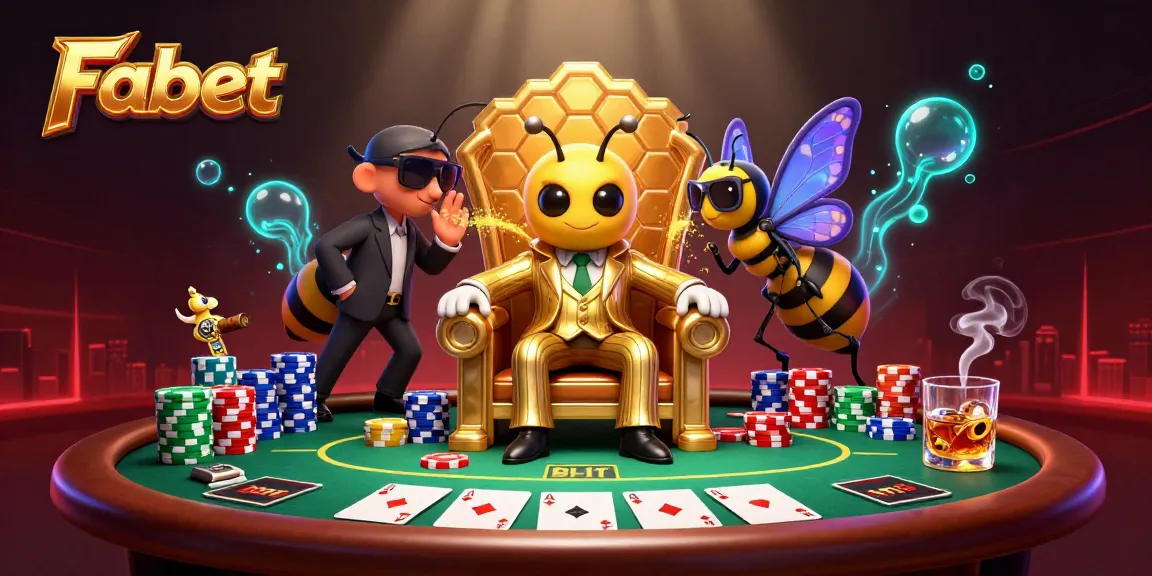 Fabet's exciting poker scene with a cartoon bumblebee mob boss and vibrant casino elements.