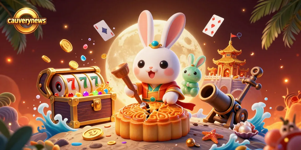 Cauverynews promotes thrilling online casino experiences with a vibrant 3D illustration of a moon rabbit amidst dynamic gaming elements.