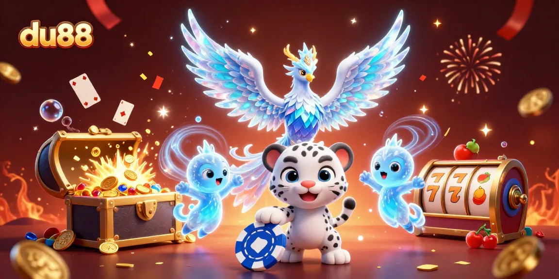 Experience the thrill of du88 with a dynamic casino scene featuring an ice phoenix, poker chip, and rich slot elements.