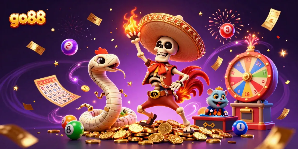 Go88 vibrant celebration scene featuring a dancing rooster, a mummy, and DJ hamster amid casino elements.