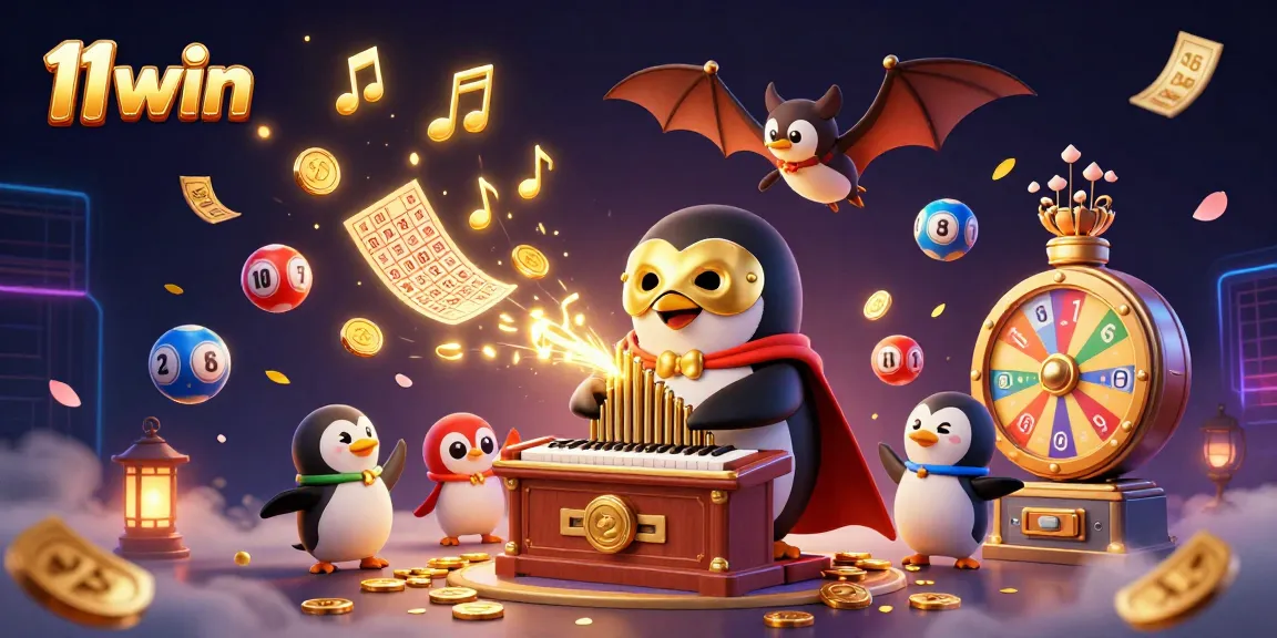 11win casino theme featuring a phantom penguin playing an organ shooting gold coins, vibrant lottery elements