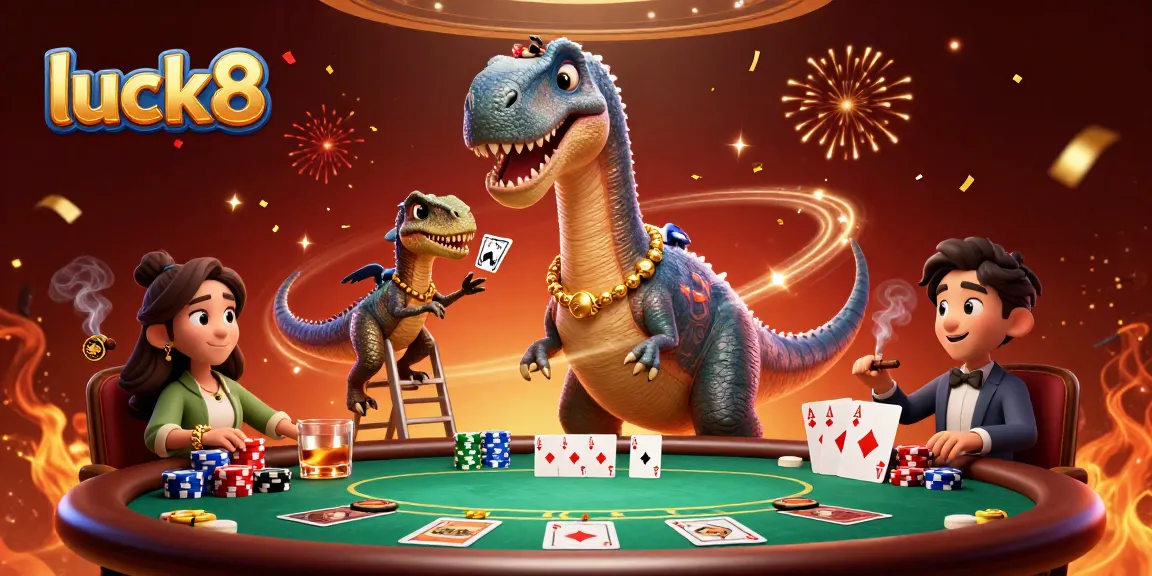 Players enjoying a vibrant luck8 card game with a unique brontosaurus dealer and expert raptor presenting winning hands.
