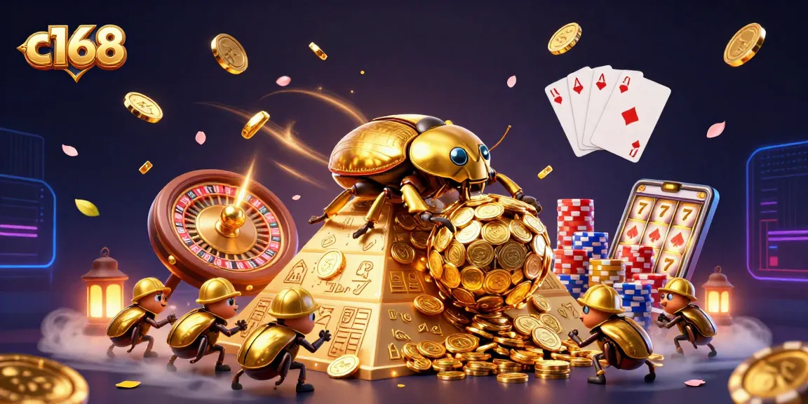 Spin and win with c168 as golden beetles roll coins up a pyramid in an exciting casino scene.