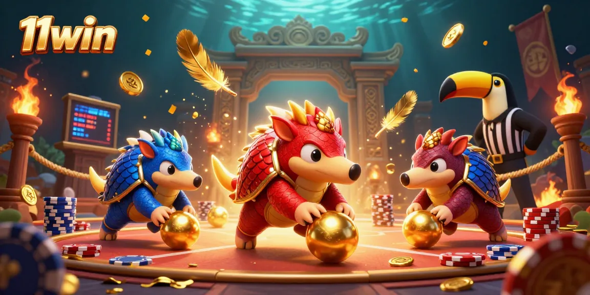 Engage in exciting gaming action with the 11win pangolins rolling into poker chips in a vibrant casino scene.