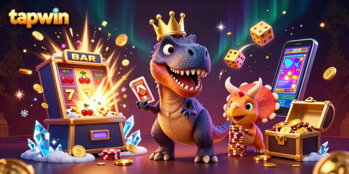 Tapwin users enjoy exciting gameplay with a T-Rex and friends at a vibrant casino scene.