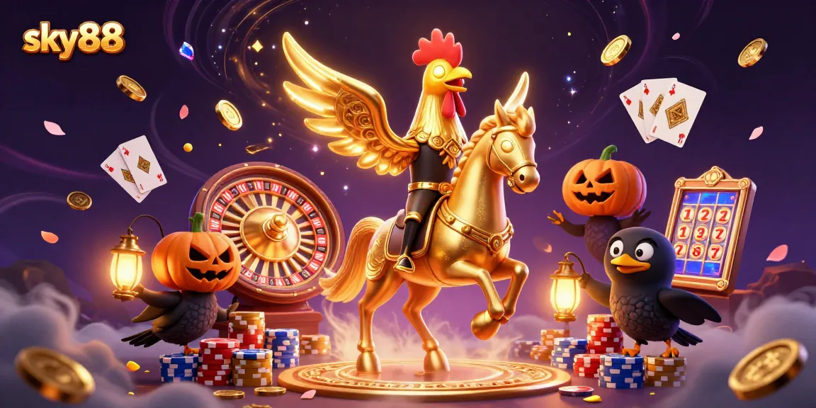 sky88 casino scene featuring a golden rooster on a spectral horse in a vibrant midnight casino