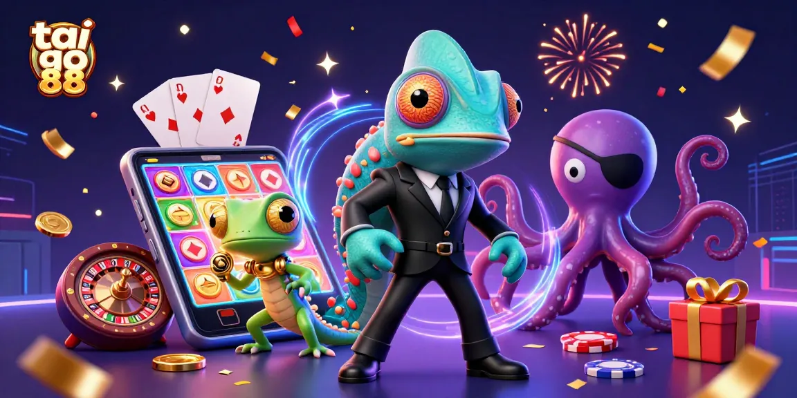 Experience the thrill of tai go 88 with chameleon agents and vibrant gaming elements in this cinematic illustration.