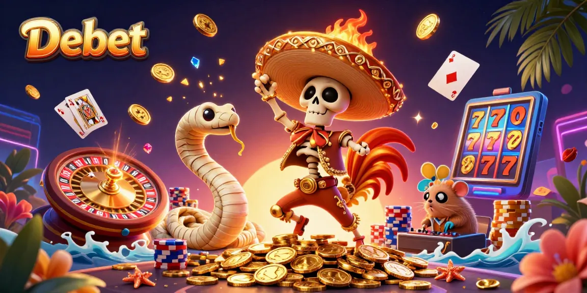 Engage with Debet's vibrant casino scene featuring a dancing mariachi rooster and exciting game elements.