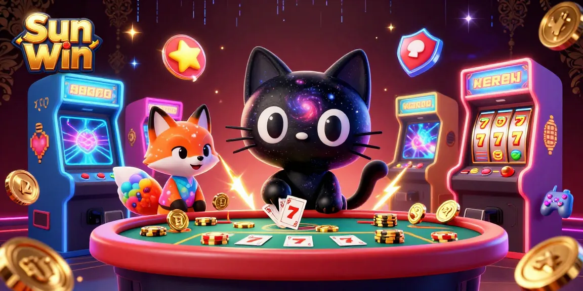 Engage in thrilling gameplay at Sun Win, showcasing a cosmic cat pulling in game chips in a vibrant casino.