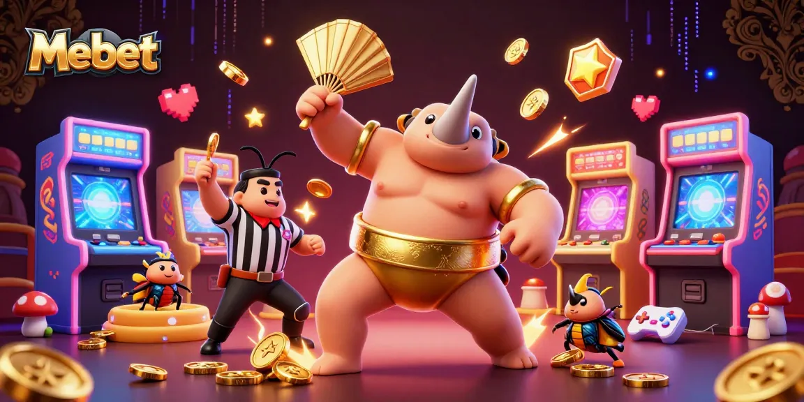 Mebet's radiant casino-themed scene showcasing a beetle champion amid vibrant gaming elements.