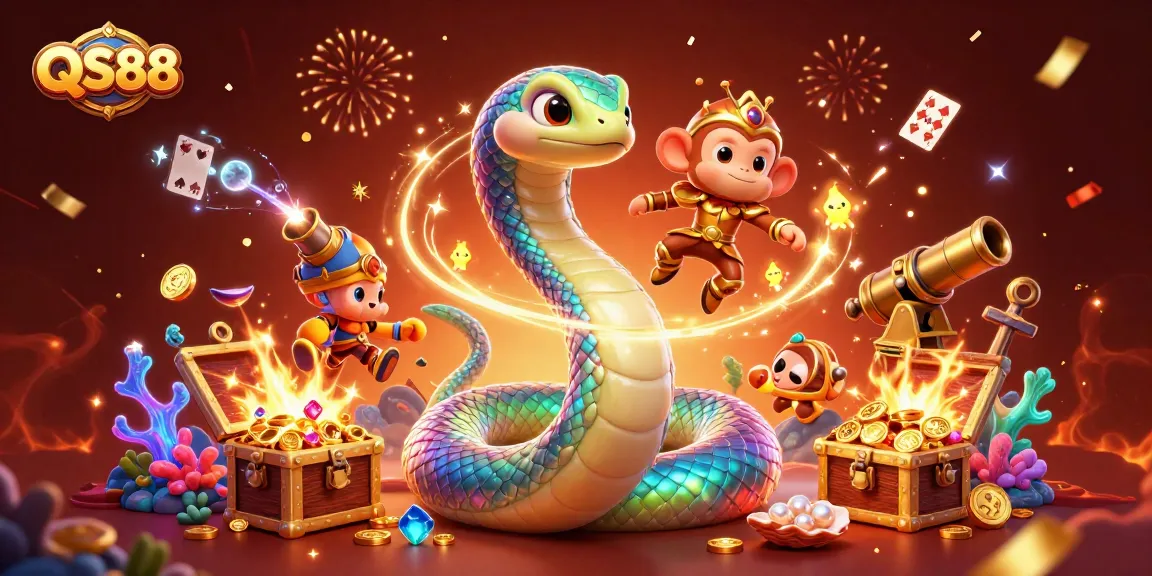 Play slots and win big with QS88, featuring vibrant characters and casino-themed elements.