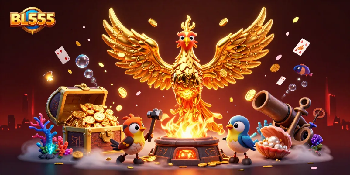 Experience thrilling gaming action at BL555, featuring a stunning phoenix and a treasure-filled underwater scene.