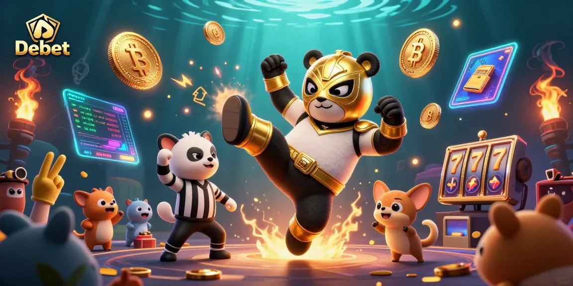 Experience dynamic betting action with Debet featuring a panda in lucha libre mask amidst vivid casino elements.