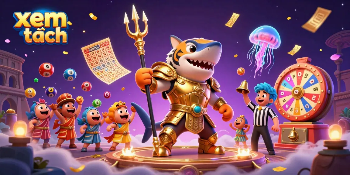 Win big with xem thêm in this vibrant underwater casino scene featuring a tiger shark and cheering fish.