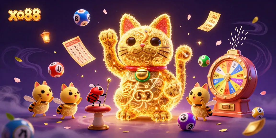 Experience the vibrant allure of xo88 as golden fireflies create a lucky cat amidst an exciting casino scene.