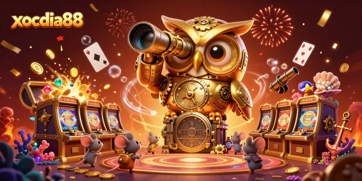 Xocdia88 showcases a vibrant casino scene with a golden owl, mouse patrons, and treasures, capturing the thrill of gaming.