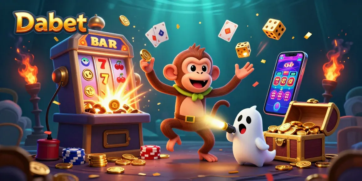 Dabet showcases a vibrant casino scene with a poltergeist monkey juggling coins and a ghost-hunter puppy tracking it.