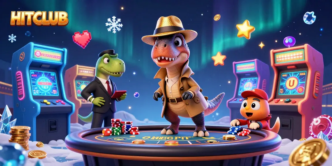 HITCLUB showcases a velociraptor card counter at a blackjack table amidst dynamic casino elements.