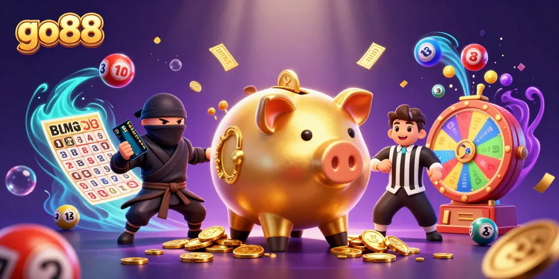 Experience thrilling gameplay at go88 with a giant piggy bank sumo wrestler amidst a lively casino scene.