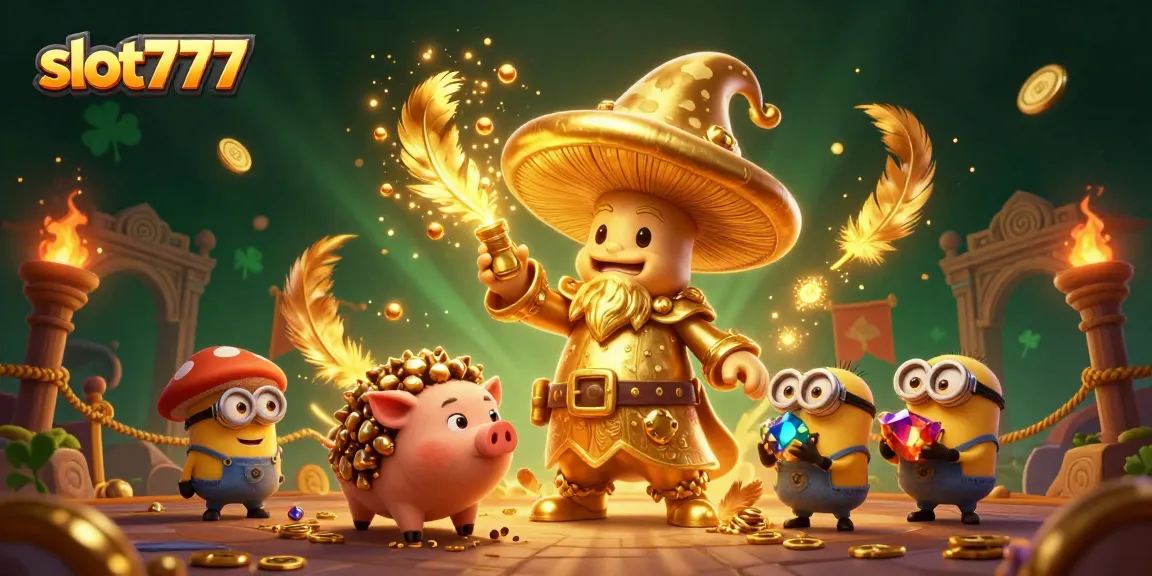 Spin the reels with slot777 as a golden mushroom wizard conjures riches surrounded by treasures.