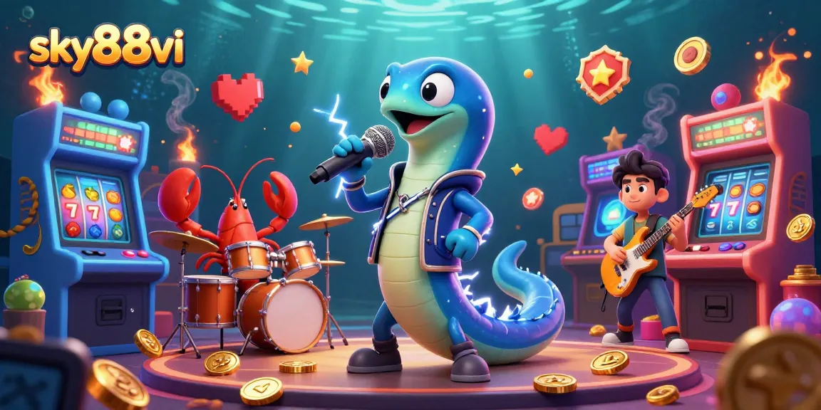 Engage with sky88vi's vibrant underwater casino scene featuring a DJ electric eel, lobster drummer, and seahorse guitarist.