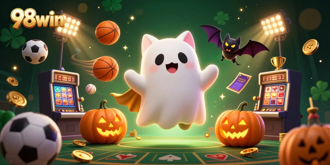 Catch the excitement with 98win’s ghost cat in a haunted casino, featuring dynamic games and vibrant visuals.