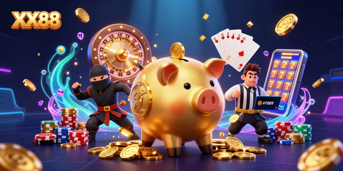 Experience the thrill of XX88 with dynamic casino action featuring vivid characters and golden coins.