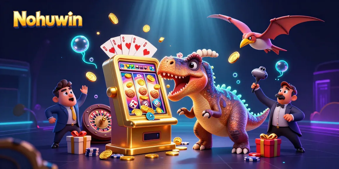 Nohuwin features an exciting scene with prehistoric creatures celebrating a jackpot payout.