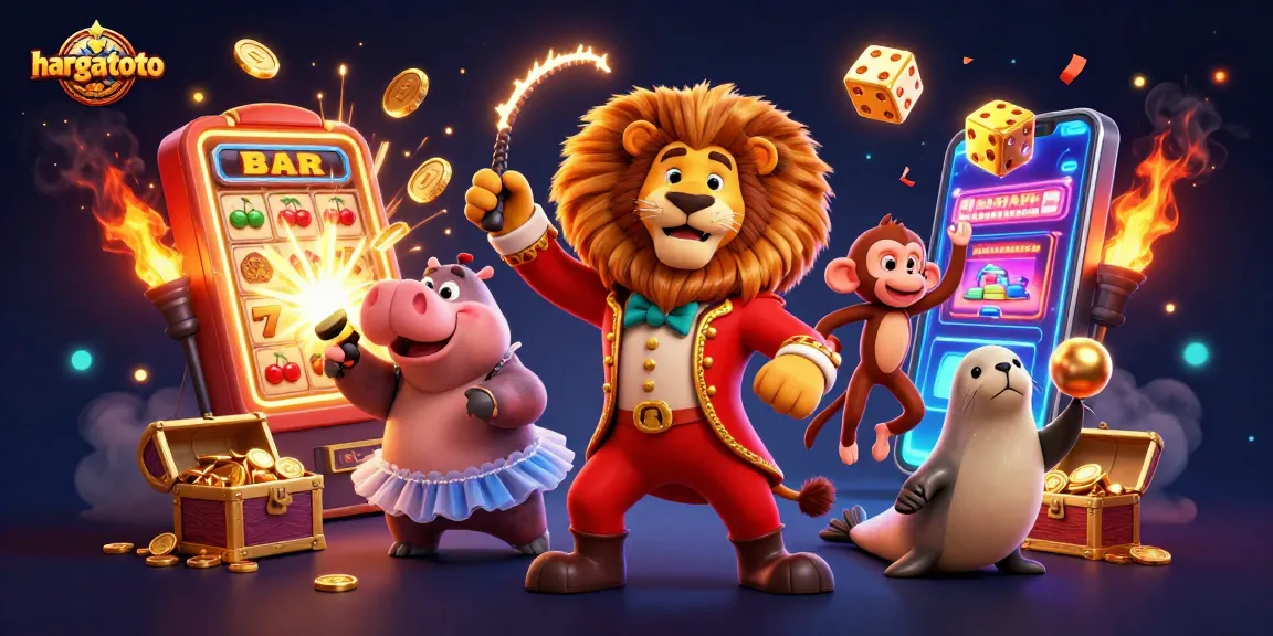 Join the action at hargatoto with a vibrant 3D illustration of exciting casino characters and jackpots.